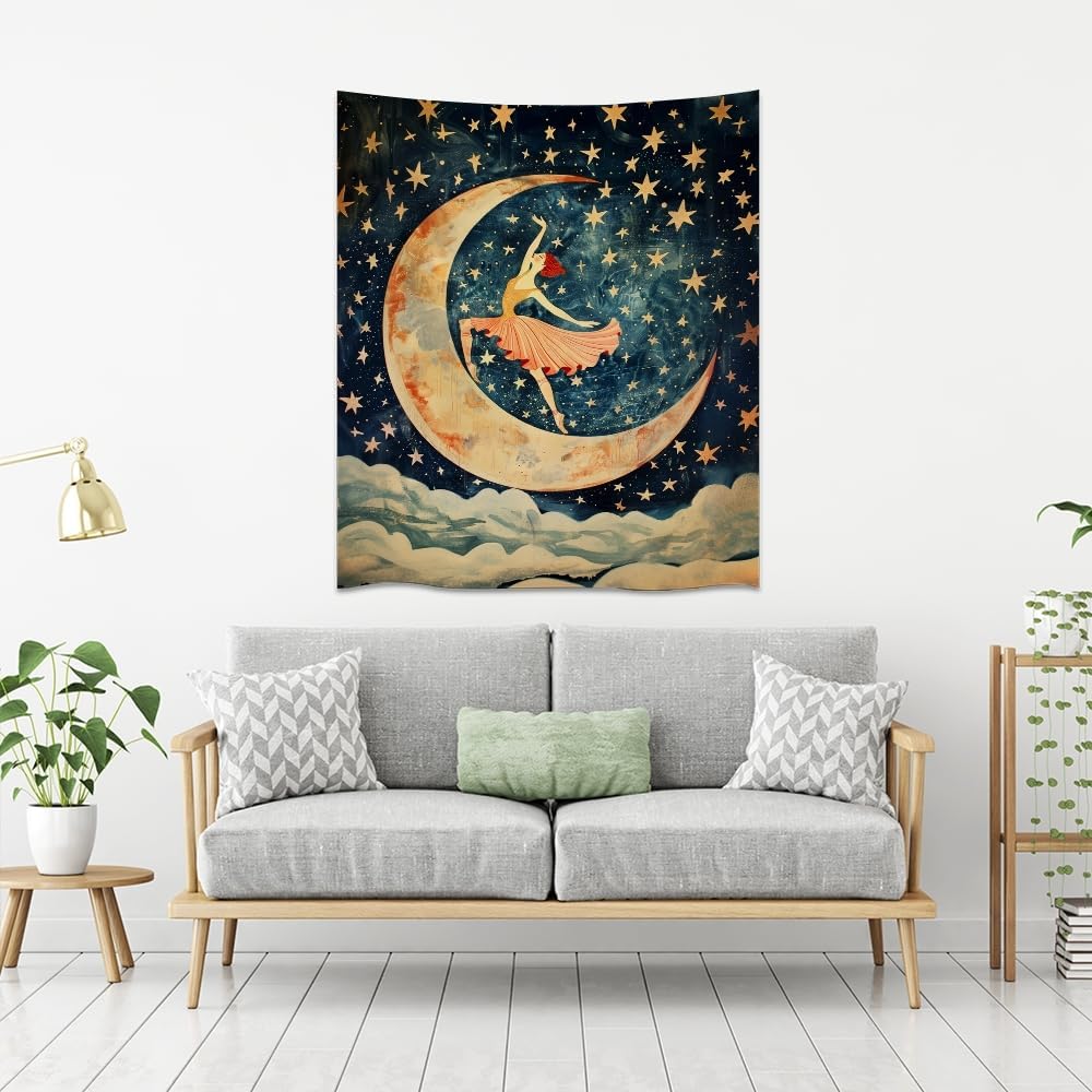Dancer on the Moon Tapestry Starry Night Sky Art Print Dark Academia Gothic Aesthetic Wall Hanging Stars Moon Clouds Tapestries Whimsical Wall Decor for Nursery Bedroom 50x60inch