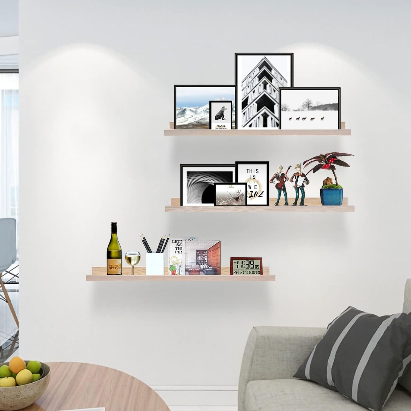 AZSKY Floating Picture Shelves 24 Inch a Set of 3 Wall Mount Long Narrow Photo Ledge Photo Frame Display Shelf Vintage Bookshelf for Nursery Mounting Hardware Included