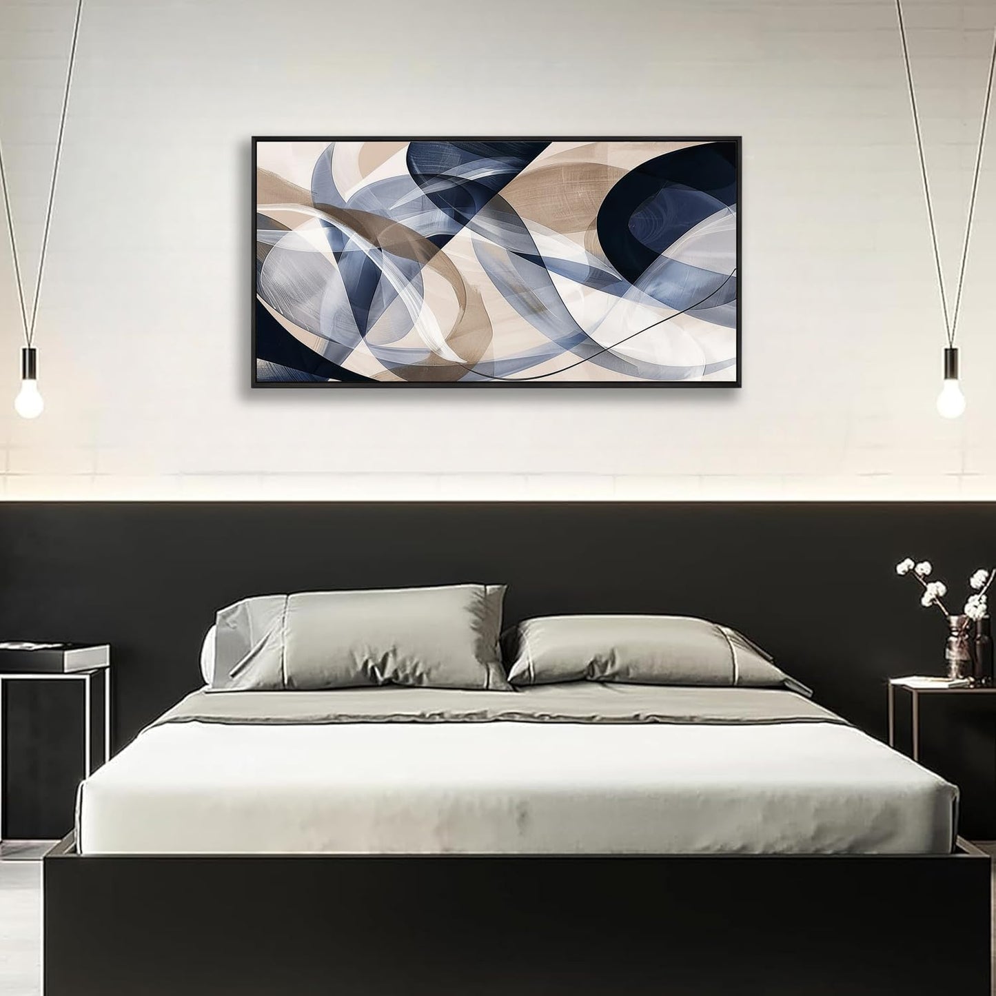 Modern Geometric Abstract Canvas Wall Art 40 x 20 inches Navy Blue and Beige Tones Canvas Painting Framed Home Artwork Living Room Decor for Bedroom Office Wall Decor