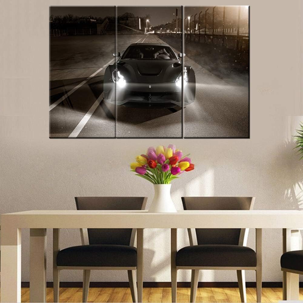 TUMOVO Sports Car Canvas Wall Art 3D Model Design On Black Background Picture Painting for Home Decoration Stretched Canvas and Ready to Hang - 28 x 14inch x 3 Panels