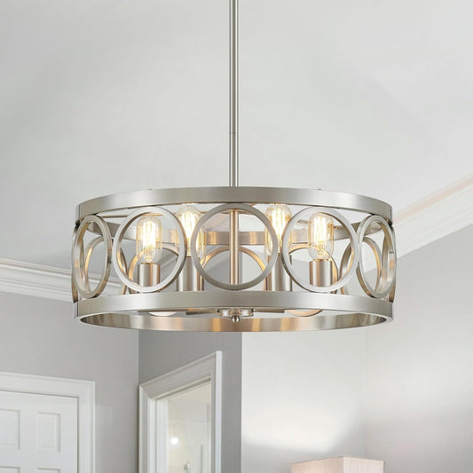 XINGQI 6-Light Modern Farmhouse Chandelier Brushed Nickel, 21.7'' Drum Ceiling Light Fixture for Living Dining Room Over Table with Round Metal Shade Pendant Lighting