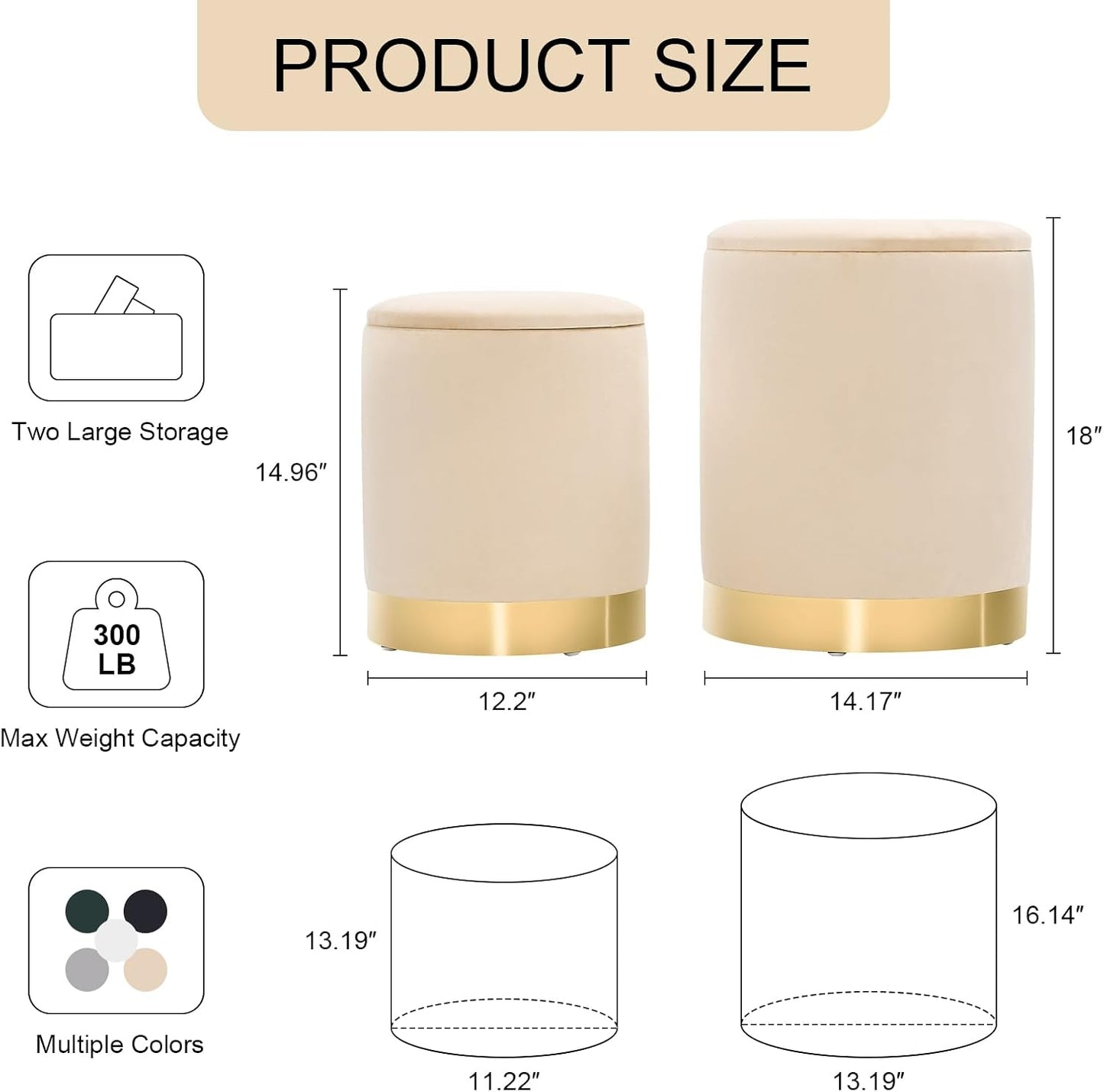 Round Ottoman with Storage Set of 2, Upholstered Velvet Storage Ottomans, Vanity Stool, Multifunctional Ottomans, Coffee Table Foot Rest Ottoman for Living Room Bedroom, Khaki