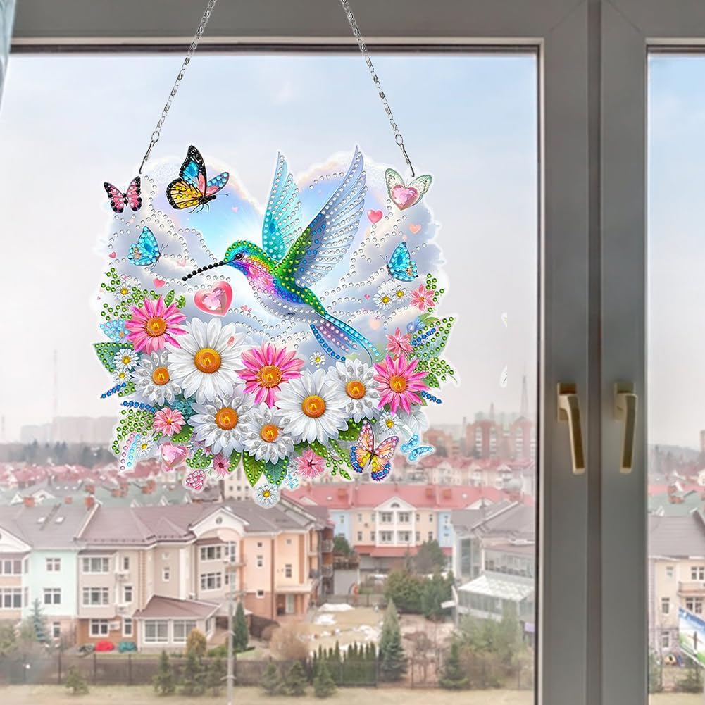 Flowers Hummingbird Diamond Art Kits,5D Diamond Hanging Ornament Kits,DIY Special Shaped Diamond Dot Kits,Home Porch Crystal Hanging Pendant Ornament (Colorful4)