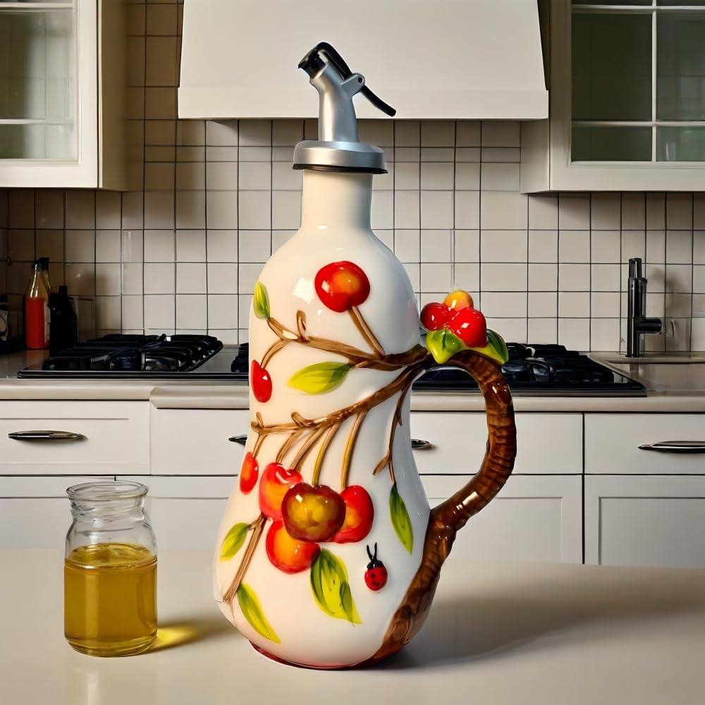 18.26oz/540ml Ceramics Olive Oil Dispenser Bottle,Hand Painted Reliefs Oil Dispenser for Kitchen,Oil Bottles for Kitchen (Cherry)