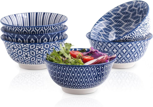 Selamica 7 inches Porcelain Cereal Bowl Set - Set of 6, Soup Bowls, Ceramic bowls for Cereal, Soup, Salad and Pasta, Vintage Blue