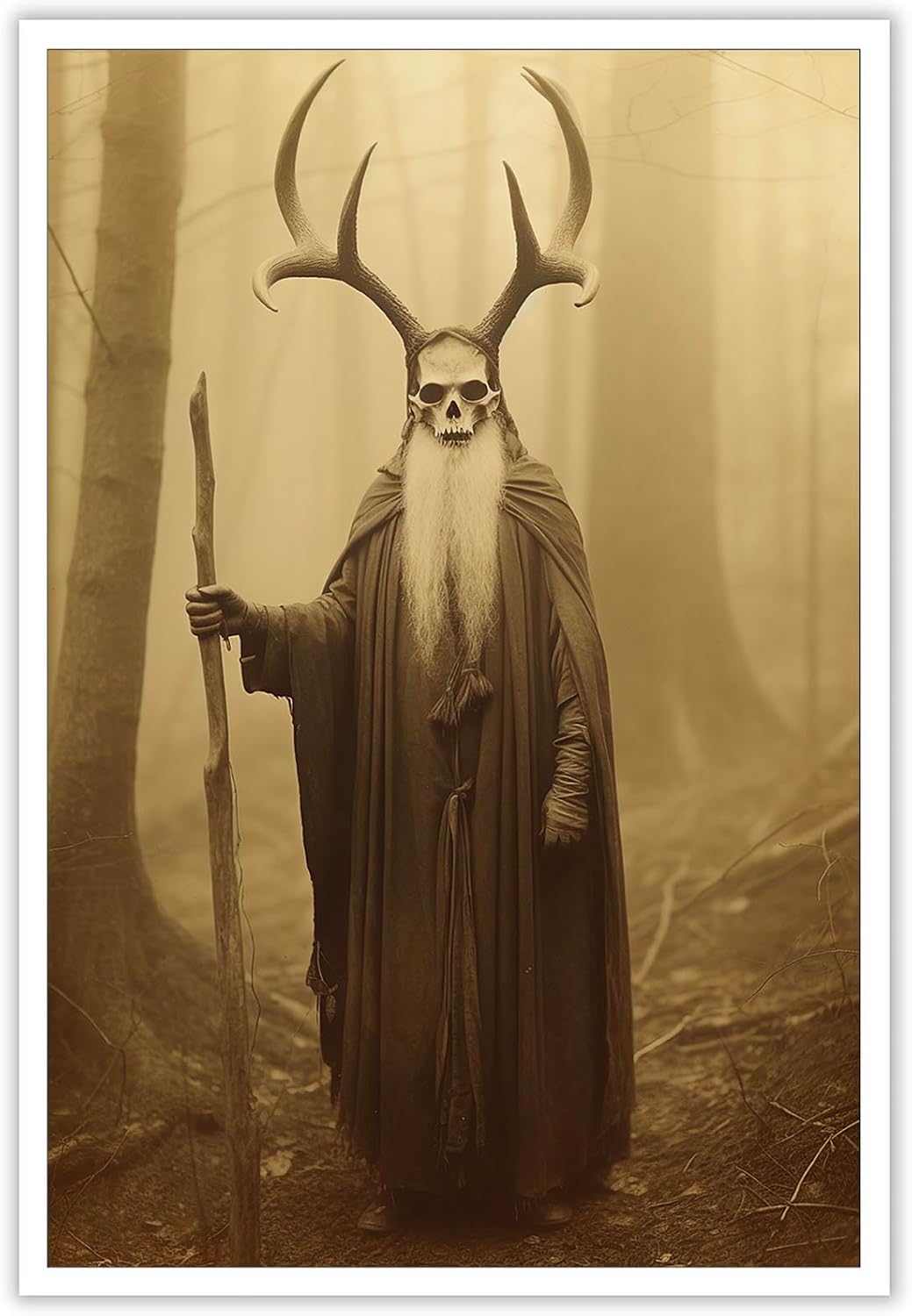 Skeleton Halloween Decor Occult Druid of the Forest Poster Canvas Wall Art Vintage Spooky Print Gothic Room Decor Dark Academia Decorations Bedroom Creepy Skull Picture 12X16inch Unframed