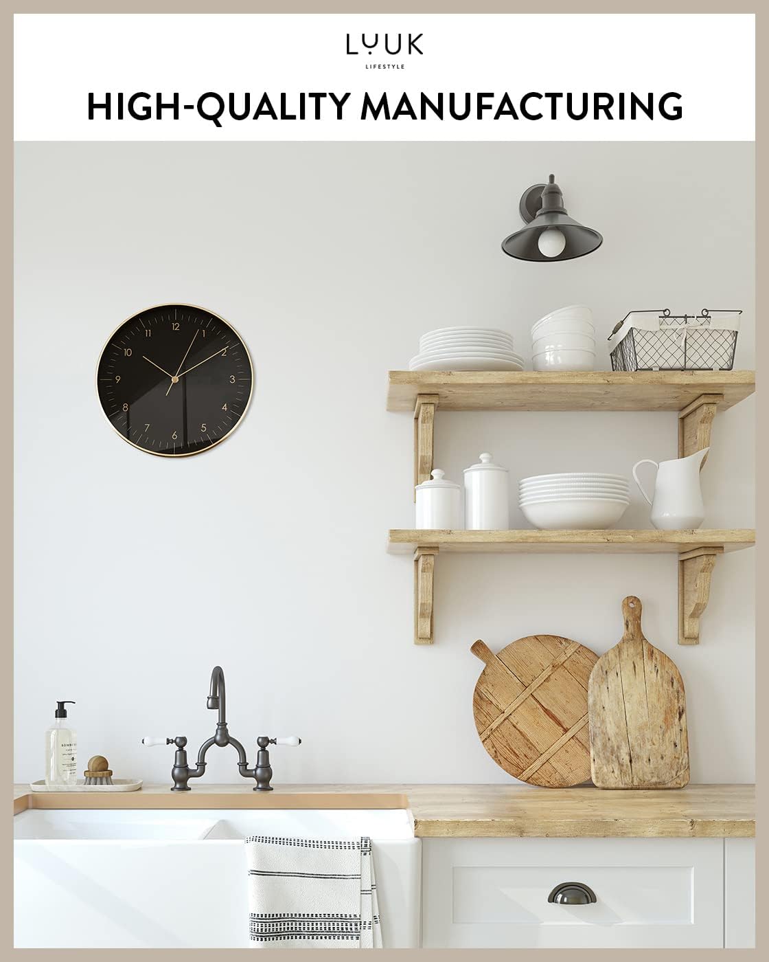 LUUK LIFESTYLE Modern Wall Clock with Silent Quartz Movement, Stylish & Functional, Decoration for Bedroom, 12 inch, in Black & Gold