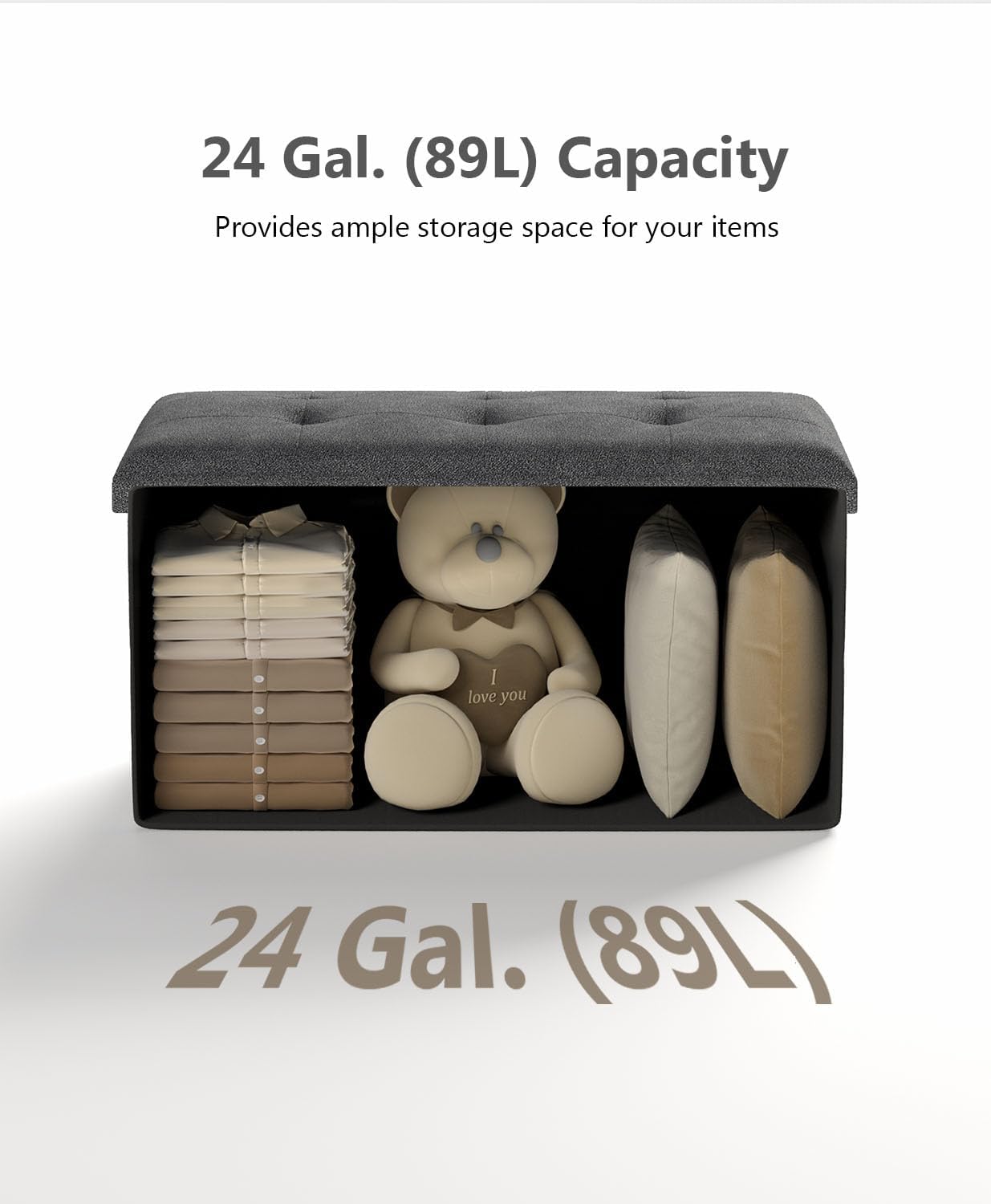 Storage Ottoman Bench, Folding Ottoman Foot Rest, 15 x 30 x 15 Inches, End of Bed Bench,Storage Chest, for Living Room, Bedroom, Hallway, Entryway, Dark Gray