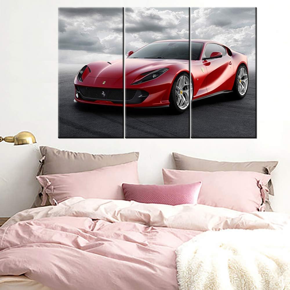 Red Sports Car in Black and White Posters Canvas Framed Wall Art Racing Cars Pictures Printed on Canvas Painting Artwork for Living Room Bedroom Interior Decoration Ready to Hang 28 x 14inch x 3 panel