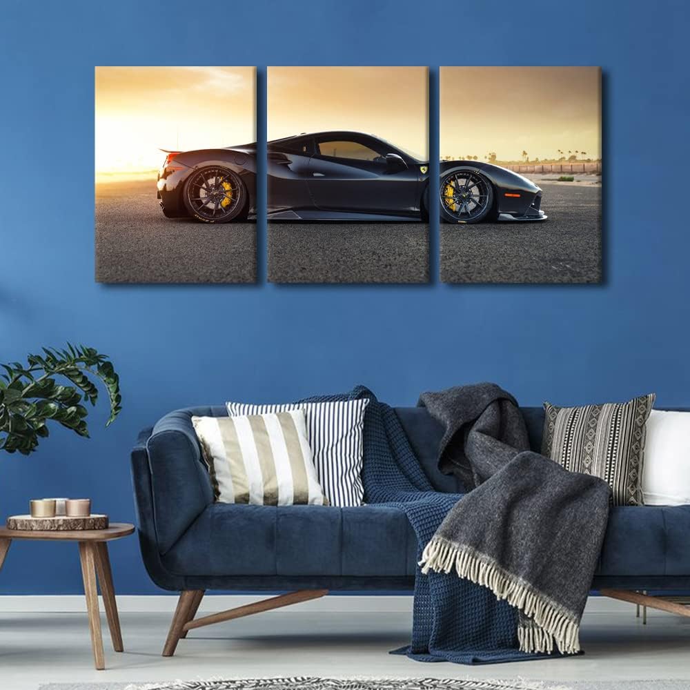 TUMOVO Black Supercar at Sunset Canvas Prints Hypercar Wall Art Paintings Sports Car Posters Stretched Pictures for Living Room 3 Pieces Modern Home Decor Framed Wall Art Decorations, 36" Wx16 H