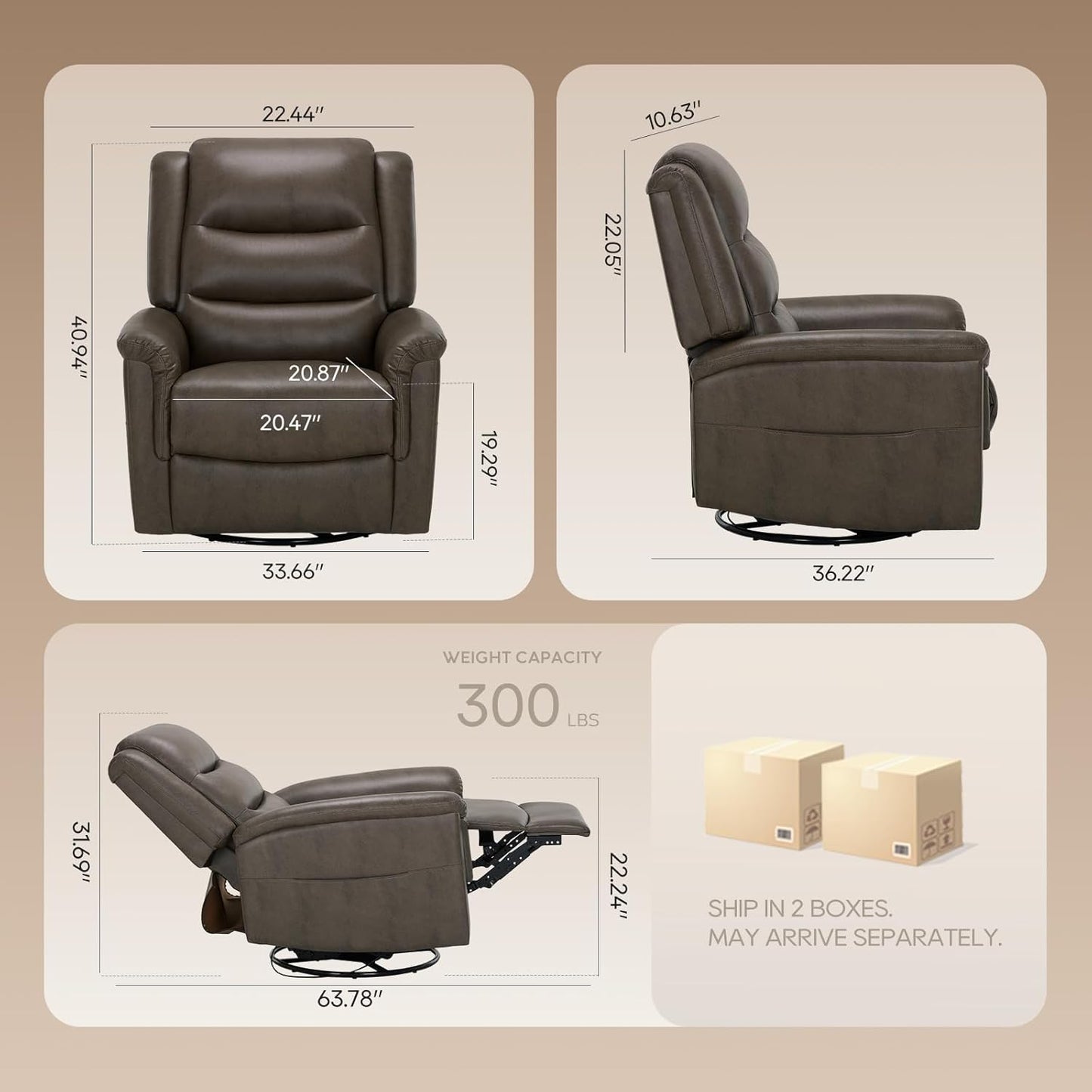 COLAMY Oversized Leather Recliner Chair, 360°Swivel Rocking Manual Recliner with Thick Cushioned Padding Backrest and Wide Seat - Lightbrown