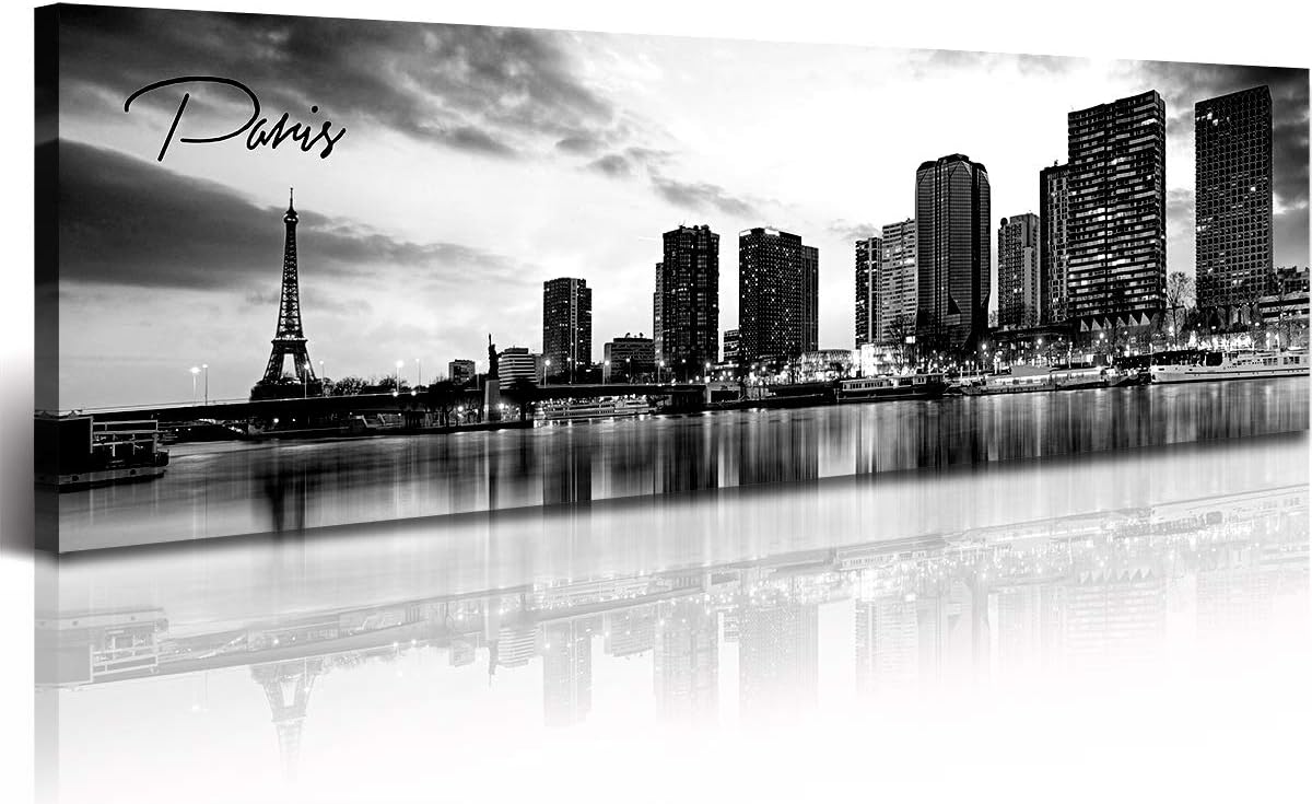 DJSYLIFE Paris Eiffel Tower Skyline Wall Art Black and White Modern City Night View Panoramic Cityscape Picture Paintings Canvas Prints Office Room Home Decoration Artwork Framed 13.8"X47.3"
