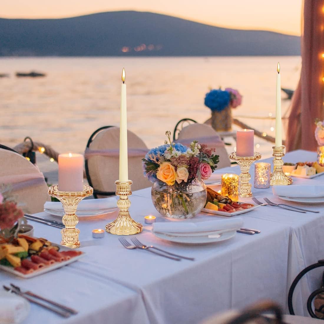 Candlestick Holders Set, 4" H Taper Candle Holders Bulk, 12Pcs Gold Glass Candle Holders for Wedding, Festival, Party & Windowsill Decor