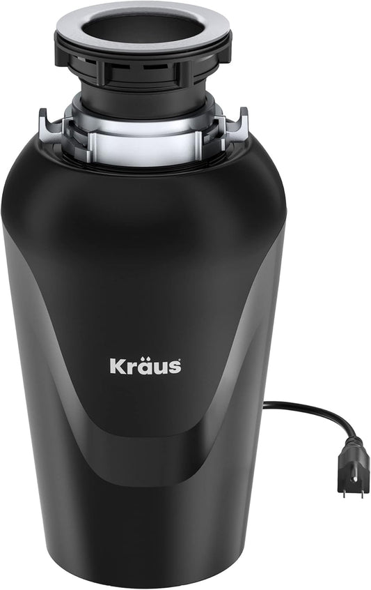 KRAUS WasteGuard 3/4 HP Ultra-Quiet Garbage Disposal with Quick Connect, Kitchen Sink Drain Cover, Power Cord and Flange Included, KWD100-75MBL