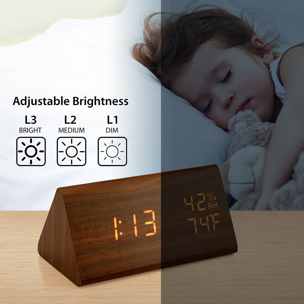 OCT17 Wooden Alarm Clock, Smart LED Digital Clock for Bedroom/desks, Upgraded with Time Temperature, Adjustable Brightness and Voice Control, Humidity Displaying - Brown