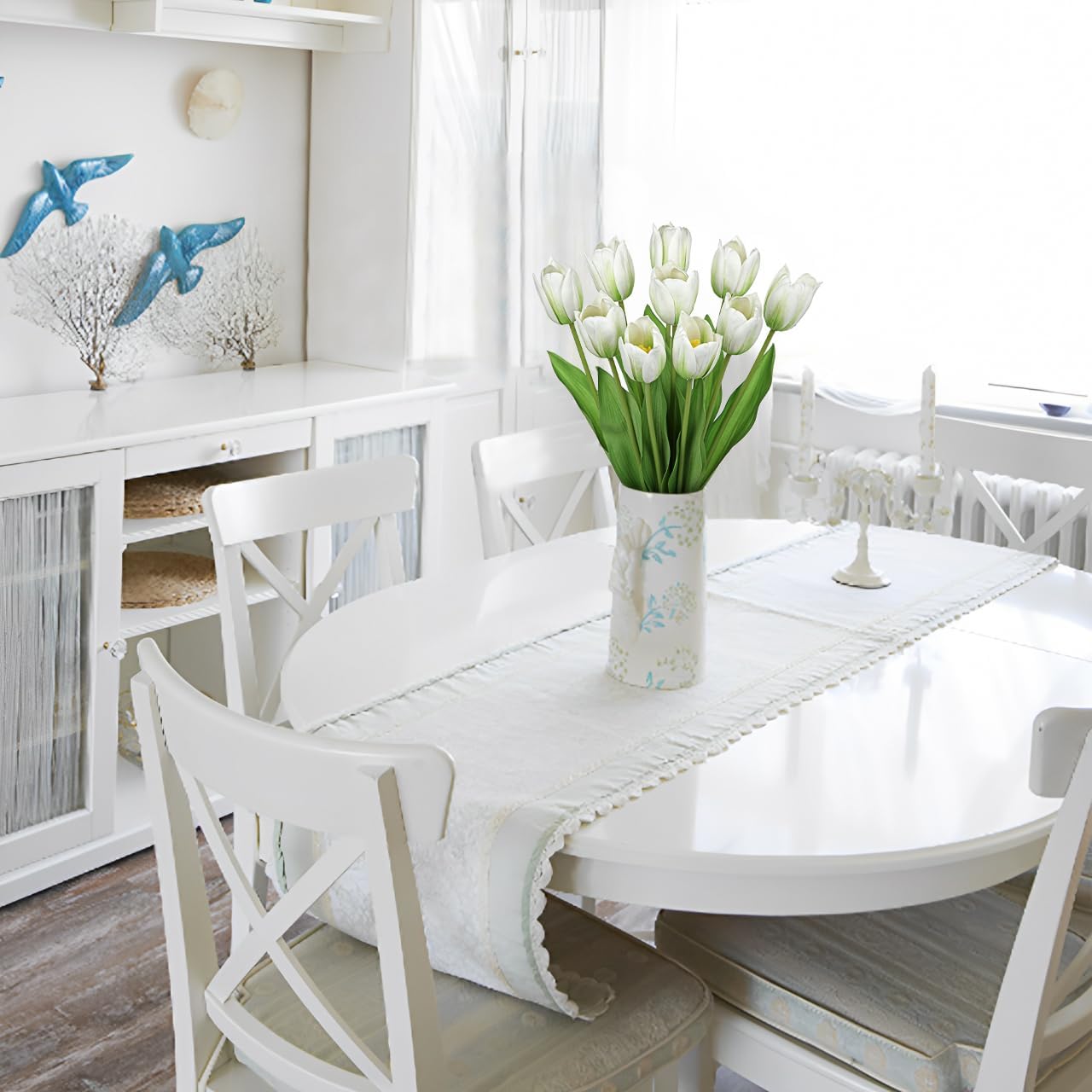 Artificial Tulips Flowers – 20" Long Stem Faux Tulips, 10PCS Real Touch Fake White Tulip for Vase, Farmhouse, Kitchen, Spring & Wedding Home Decor