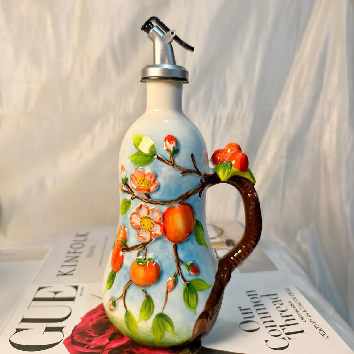 18 Oz Hand Painted Relief Ceramic Olive Oil Bottle Dispenser for Kitchen, Oil and Vinegar Bottle, Seasoning Bottle with Stainless Steel Nozzle, 540mL Oil Container with Handle for Cooking, Light Proof
