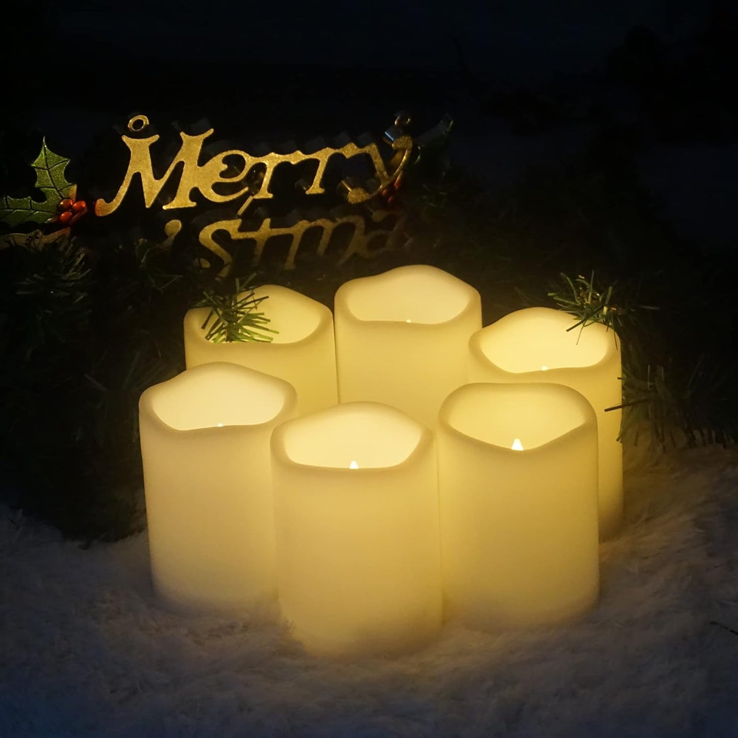 Waterproof Outdoor Battery Operated Flameless Candles with Auto Timer Flickering Plastic Resin Electric LED Pillar Lights for Lantern Patio Garden Wedding Party Decorations 3x4 Inches 6 Pack Ivory