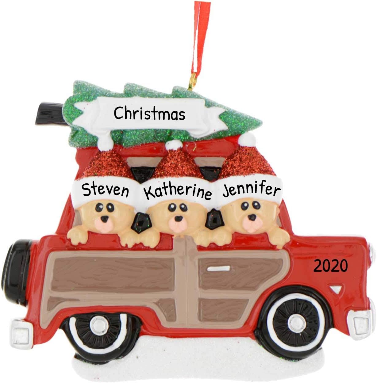 3D Road Trip Bears Family of 3 Ornament 2025 Personalized Family Christmas Ornaments 2025 | Snowy Tree Red Truck Personalized Tree Ornaments for Grandchildren, Siblings & Grandkids of Three Ornament