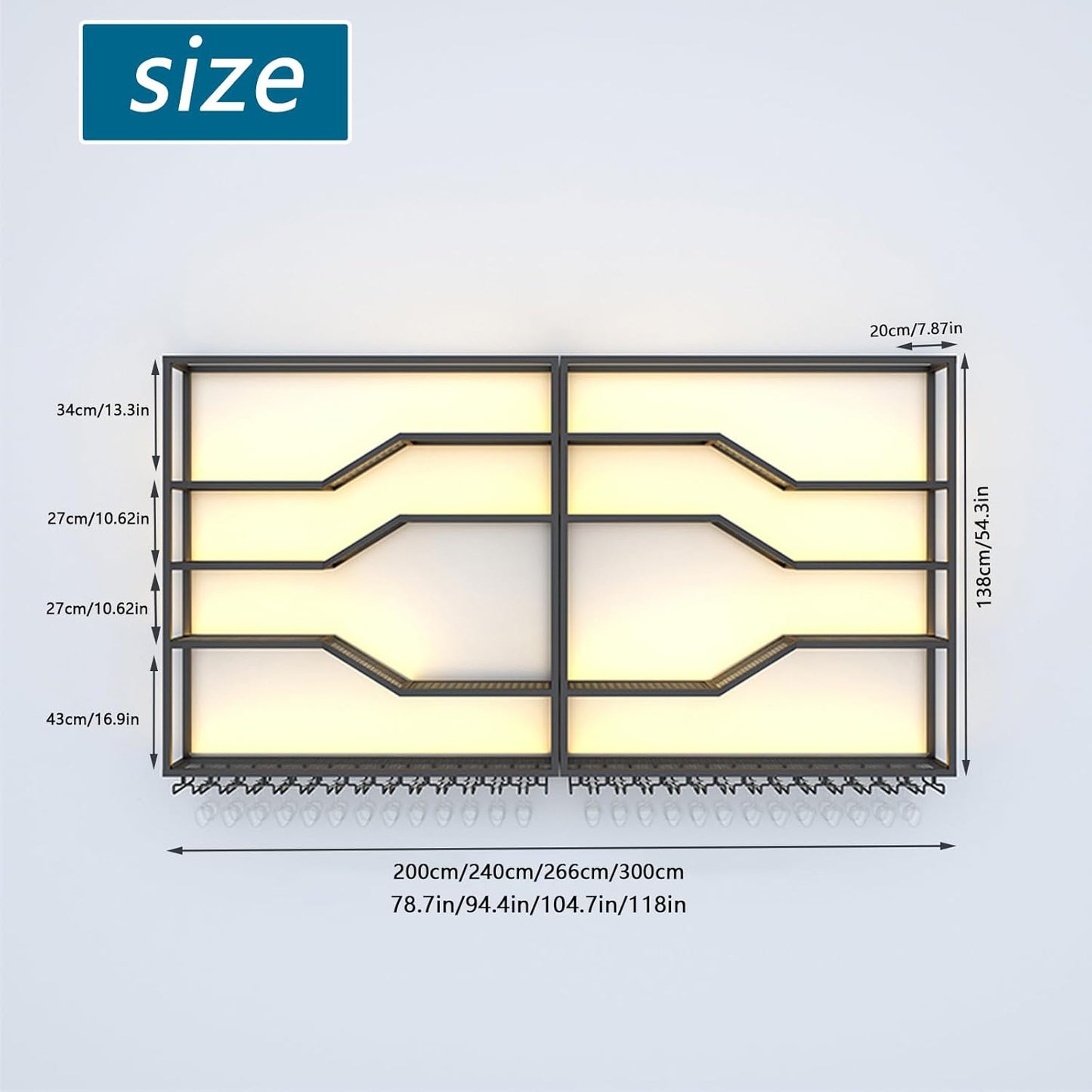 78.8in Wall Mounted Wine Rack with LED Light, 5-Tiers Liquor Bottles Display Shelf with Glasses Holder, Metal Home Bar Shelves with Industrial Iron Frame for Kitchen(Black, 78.8in/6.56ft)