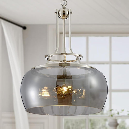 WUZUPS Nickel Chandelier Rustic Farmhouse Industrial Round Ceiling Pendant LED Light Fixture Electroplated Gray Glass Shade for Dining Room Kitchen Island Foyer Entryway, H 20.9" W 15.9", E26 Base