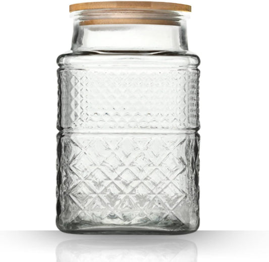 Large Glass Storage Jar, 60 FL OZ Glass Food Storage Containers with Bamboo Lid, Kitchen Containers Cereal Canisters Decorative Jar for Candy Snack Cookies Coffee Tea Nuts Airtight Glass Jars (Square)