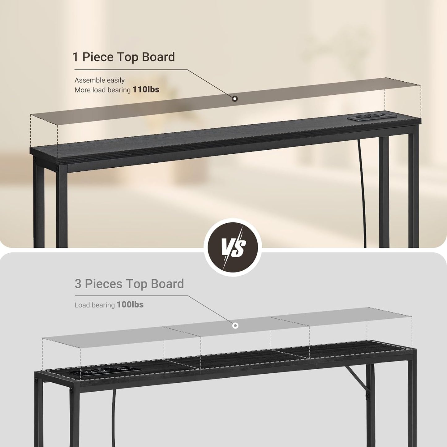 ELYKEN 5.9" Narrow Console Sofa Table with Power Outlets, 5.9" Dx39.4 Wx31.1 H Long Black Behind Couch Table with Metal Frame and Charge Station with 6.5’ Extension Cord