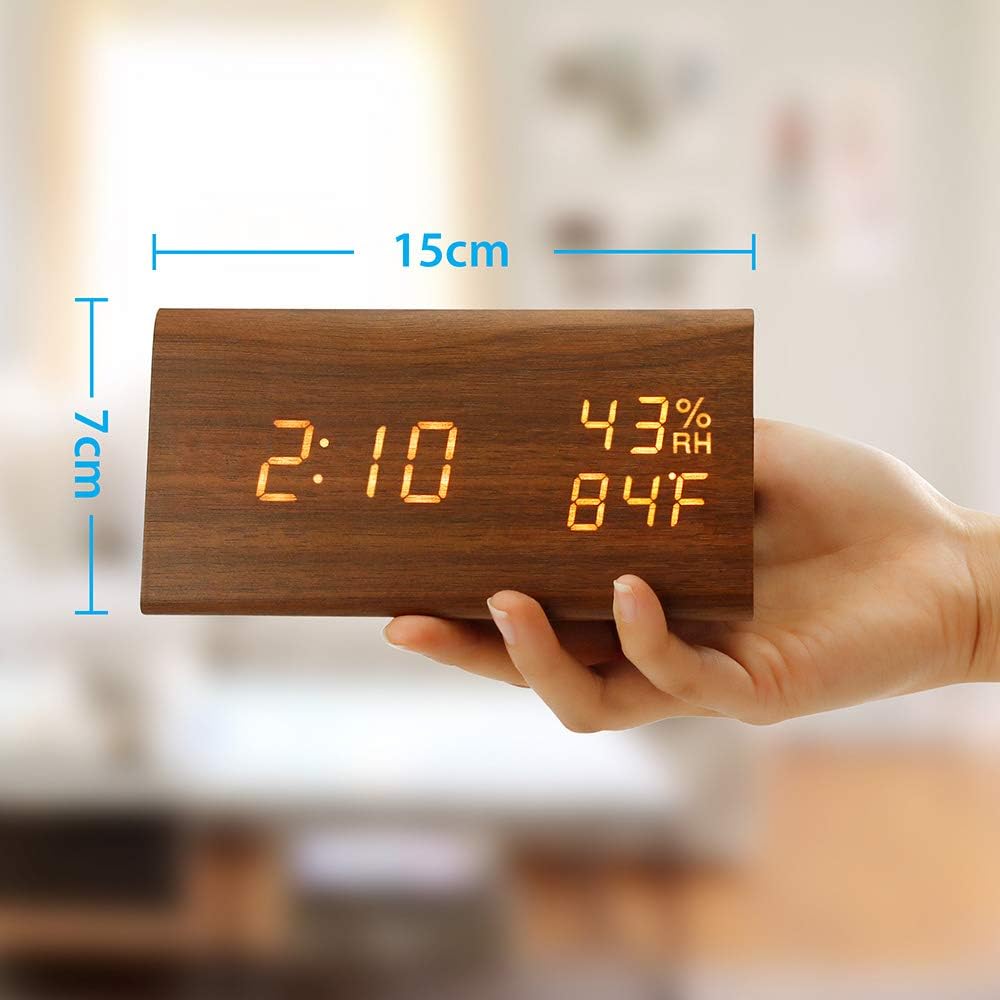 OCT17 Wooden Alarm Clock, Smart LED Digital Clock for Bedroom/desks, Upgraded with Time Temperature, Adjustable Brightness and Voice Control, Humidity Displaying - Brown