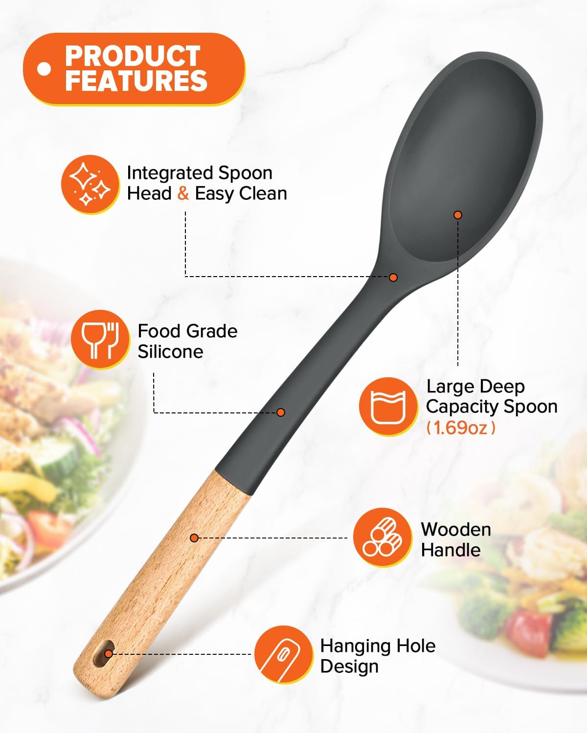 Silicone Cooking Spoons, Great for Scooping Sides and Serving Hearty Stews, BPA-Free Matte Silicone, Wooden Handle Serving Spoon for Nonstick Cooking Surfaces (Grey)
