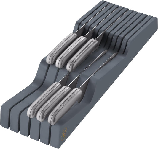 In-Drawer Knife Block - Bamboo Knife Drawer Organizer for Kitchen - Fits 5 Long + 6 Short Knives, Store Knives with Blades Pointing Down - Wooden Steak knife Holder without Knives (Grey)