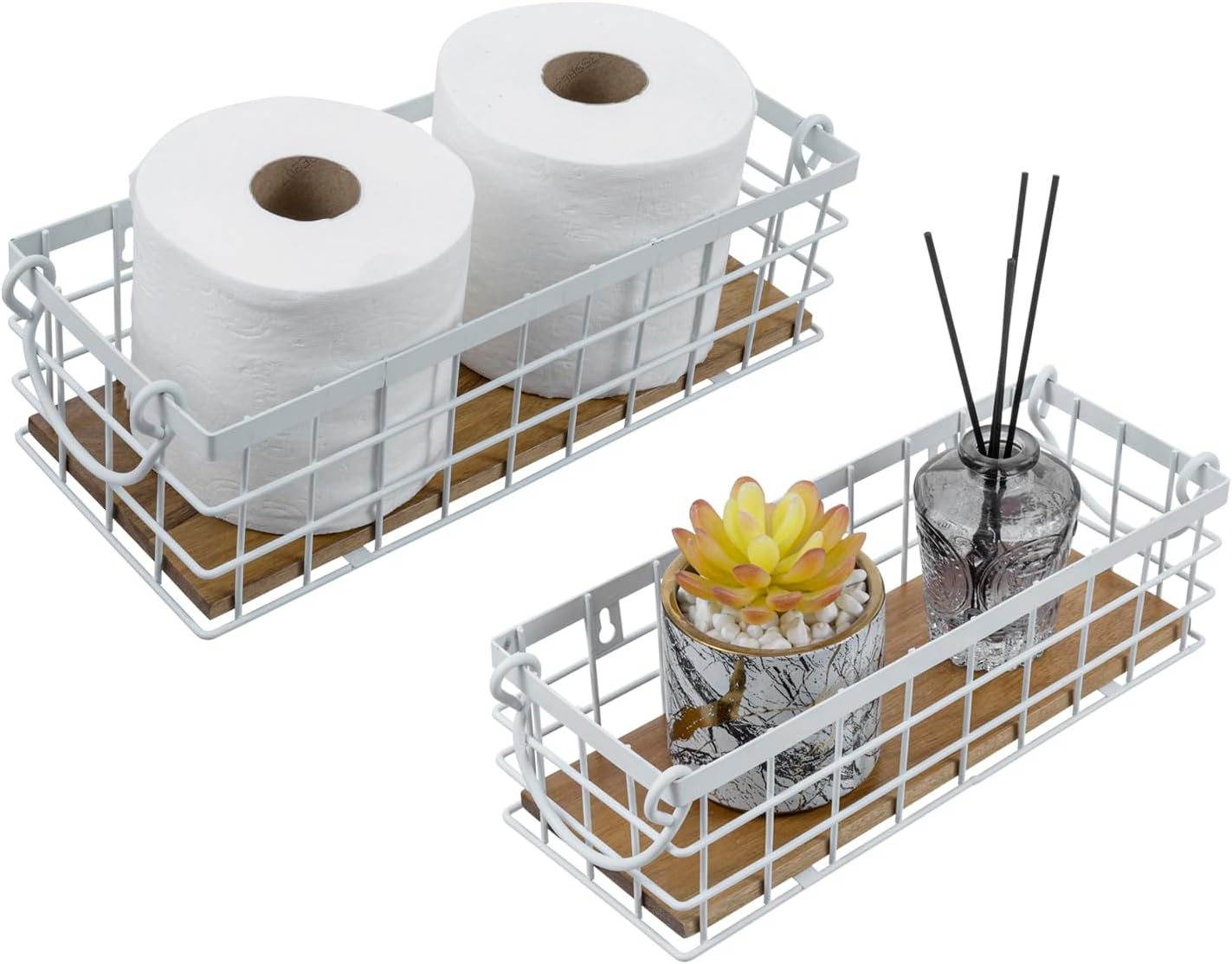 MyGift 13 and 12 Inch Nesting Storage Baskets with Handles, Wall Mounted or Tabletop White Metal Wire and Premium Acacia Wood Decorative Shelf Organizer Bins, 2 Piece Set
