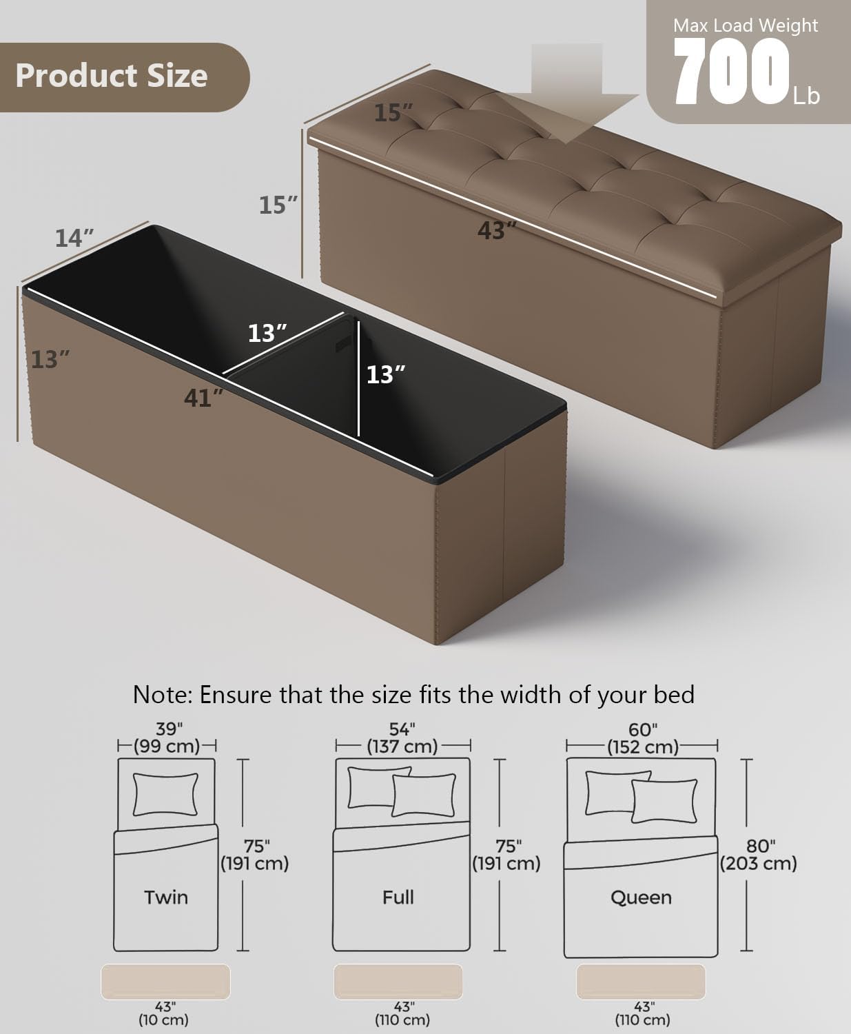 Storage Ottoman Bench, Folding Ottoman Foot Rest, End of Bed Bench,Storage Chest, for Living Room, Bedroom, Hallway, Entryway, Holds up to 700 lb (BROWN1, 43")