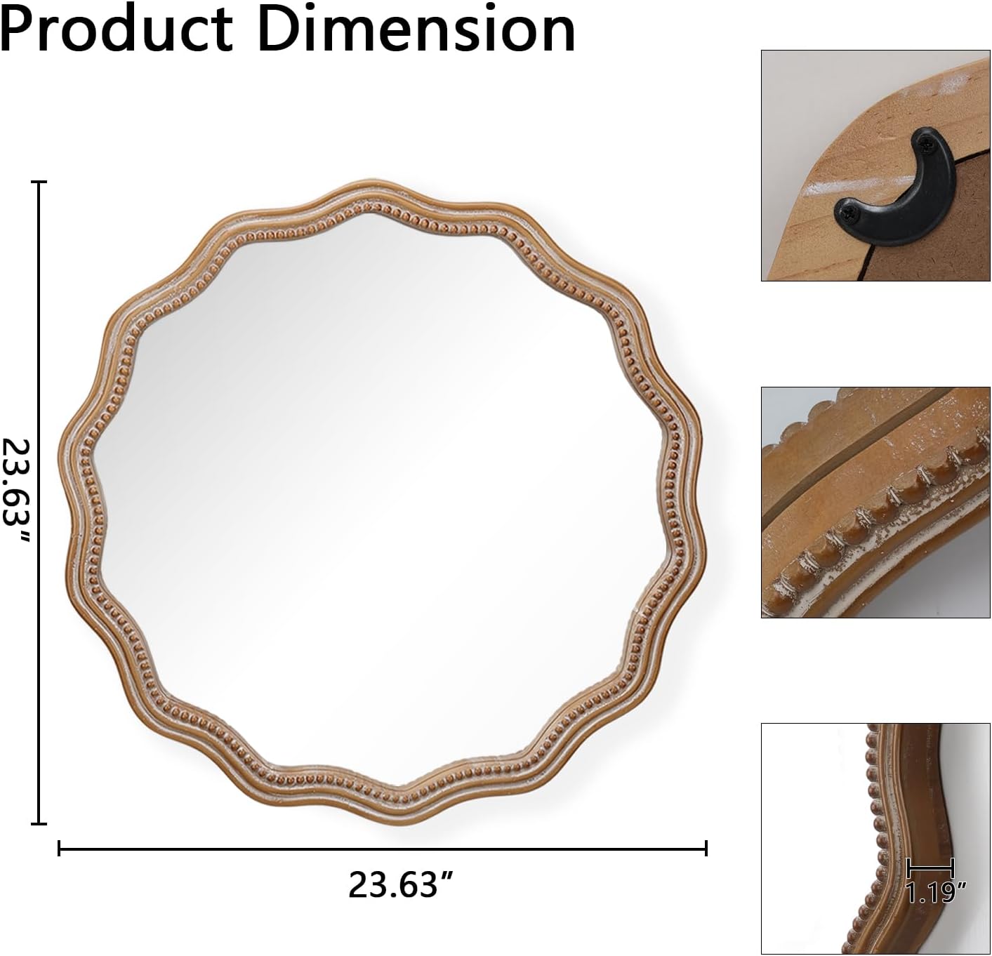 Round Mirror Vanity Mirrors for Bathroom with Wavy Wood & Beaded Frame - Wall Mirrors for Living Room,Entry Mirrors for Wall,Decorative Mirror