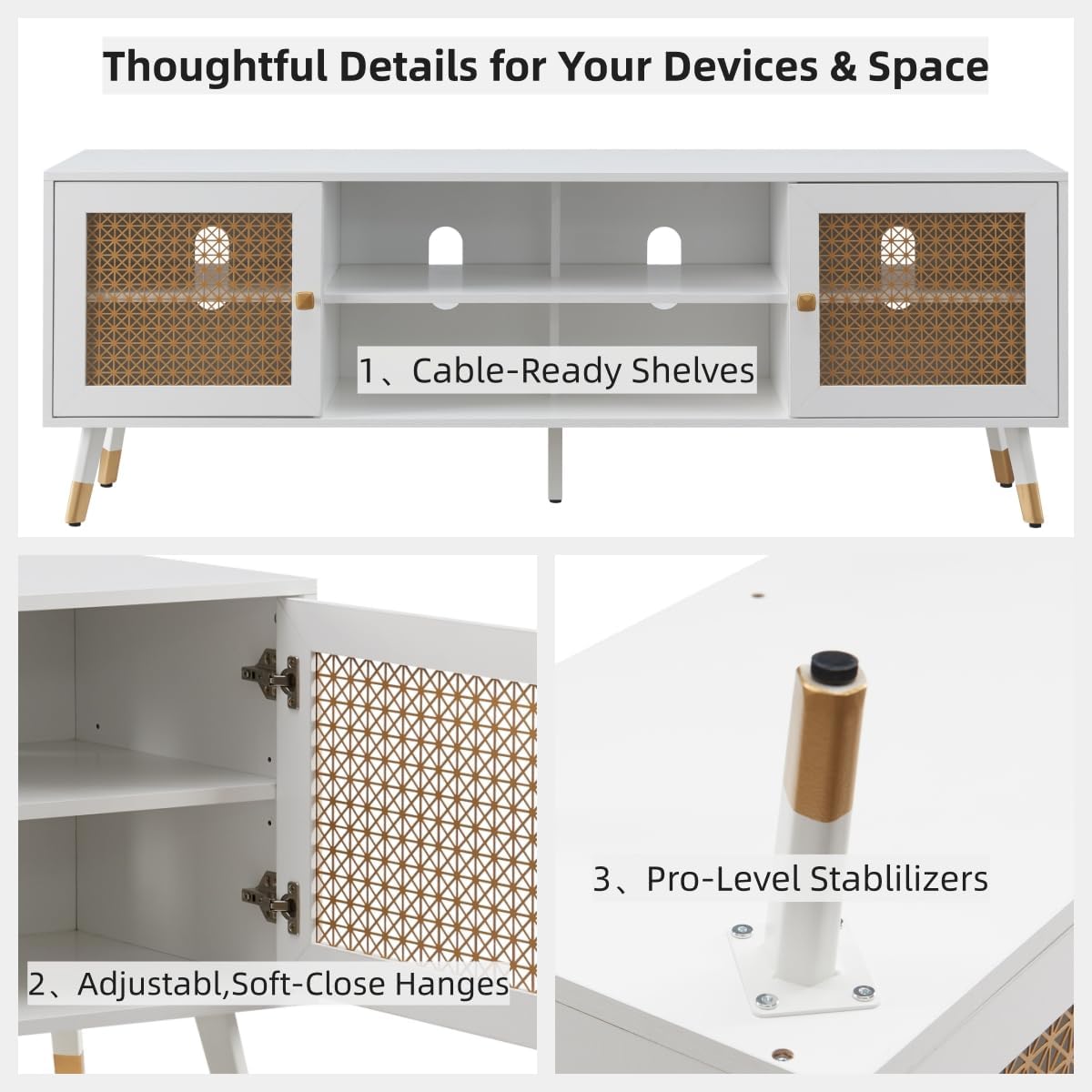 JYED Mid Century Modern TV Stand and Console for TVs Up to 75" - White Entertainment Center, 2 Gold Metal Mesh Doors & MDF Wood Grain, 15.8" D x 66" W x 23.5" H