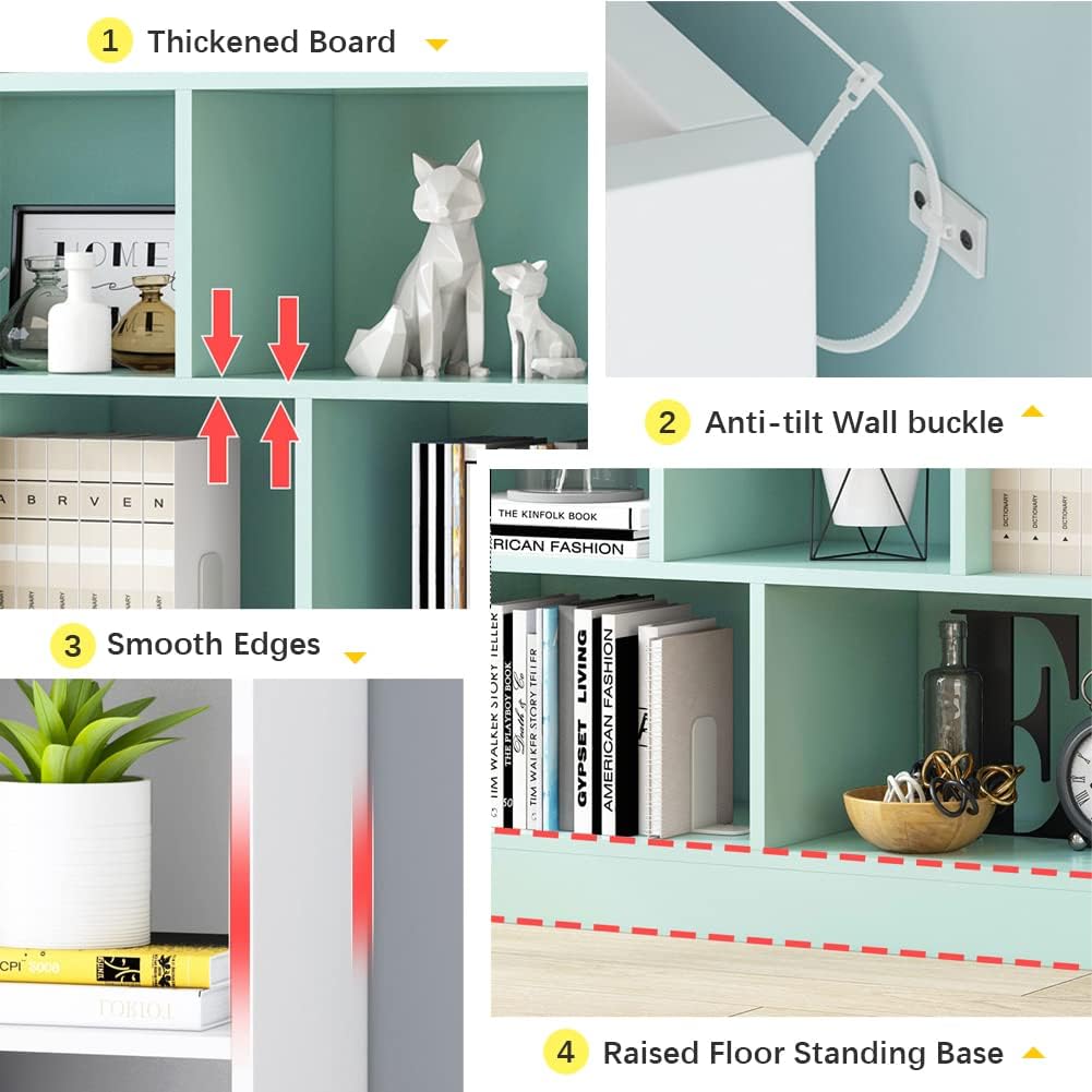 IOTXY Open Shelf Low Bookcase - Wooden 3-Tier Floor Standing Display Cabinet Organizer with Base, 10 Cubes Short Horizontal Bookshelf in Pear Yellow