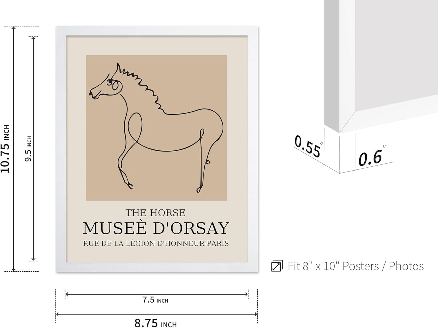 Poster Master Vintage Poster - Retro Minimalist Print - Gift for Artist, Friend - Horse, Line Drawing, Sketch, Abstract - Wall Decor for Living Room, Bedroom, 8x10 White Framed