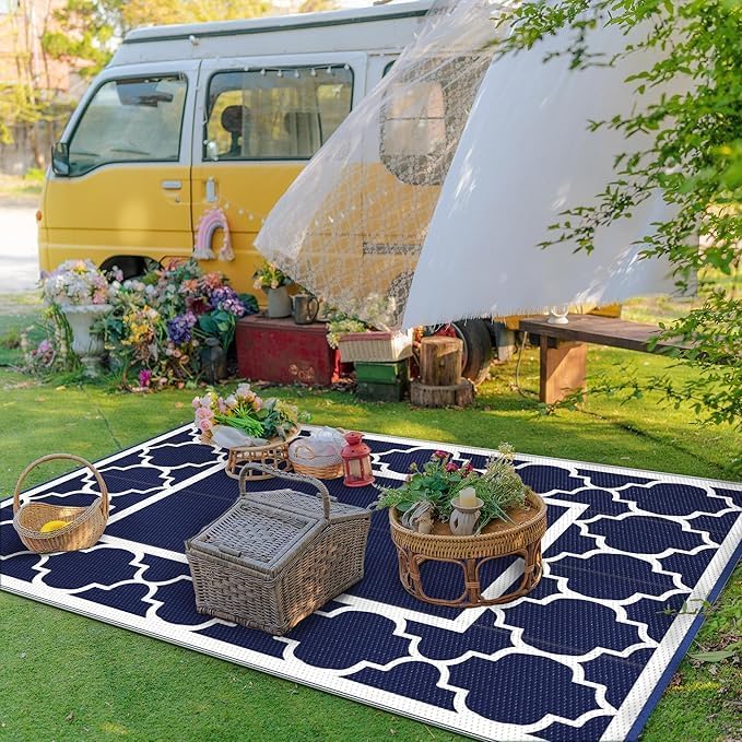 GENIMO Outdoor Rug Waterproof for Patio Decor, 8'x10' Reversible Plastic Straw Rug Carpet, Camping Mats for Outdoor, RV, Backyard, Deck, Balcony, Picnic, Blue & White