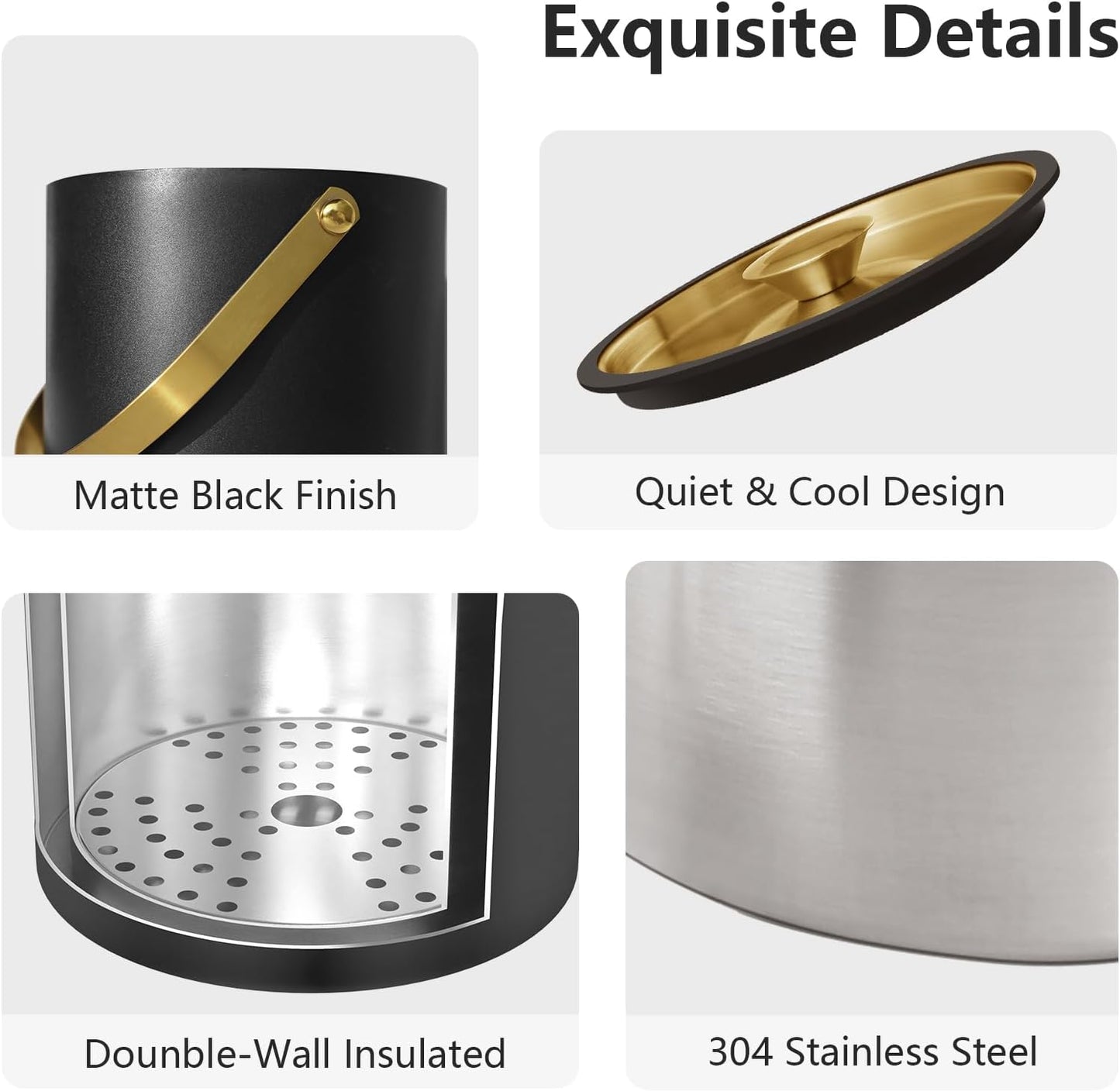 4L Ice Bucket with Silicone Lid, Scoop, Gold Tongs & Strainer, Stainless Steel Double Wall Insulated Ice Buckets for Parties & Cocktail Bar Outdoor Champagne Ice Container Bin, Black