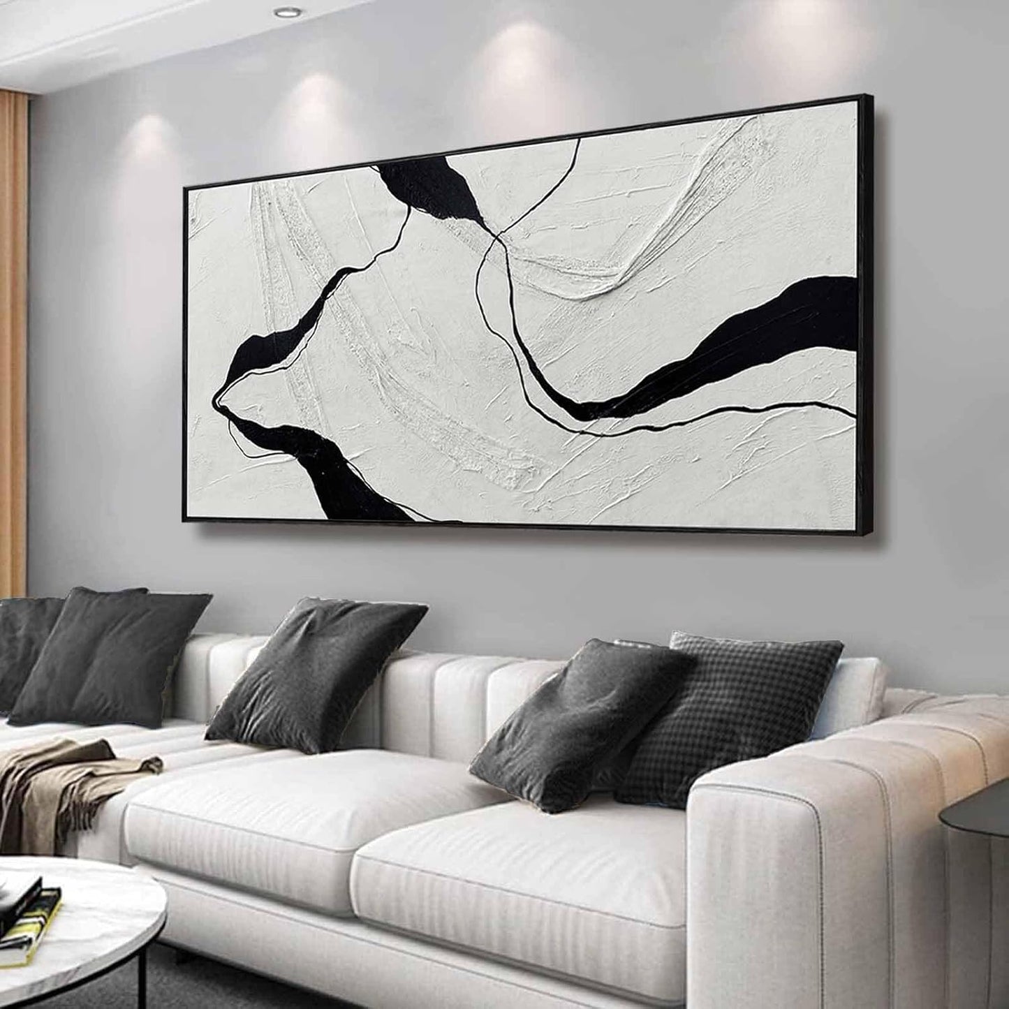 Framed Minimalist Wall Art 24"x48" Black and White Abstract Print Poster Line Canvas Modern Artwork for Living Room Bedroom Office Decor