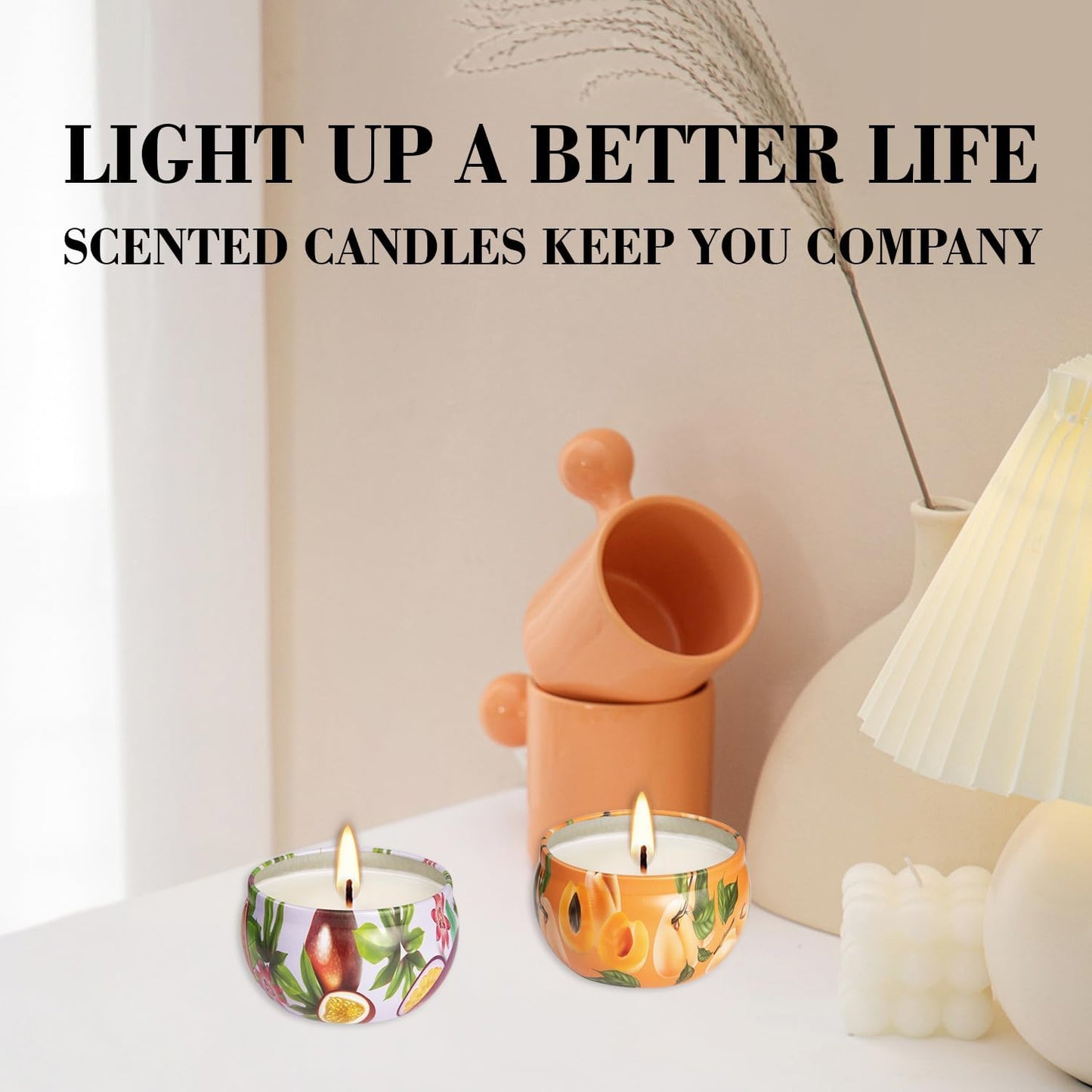 Set of 2 | 2.5-Ounce Scented Jar Candles - Fruit Style - Perfect for Home, Spa, Yoga Studio - Vibrant Colorful Iron Can Jars Candles(Passion Fruit & Apricot Fragrance)