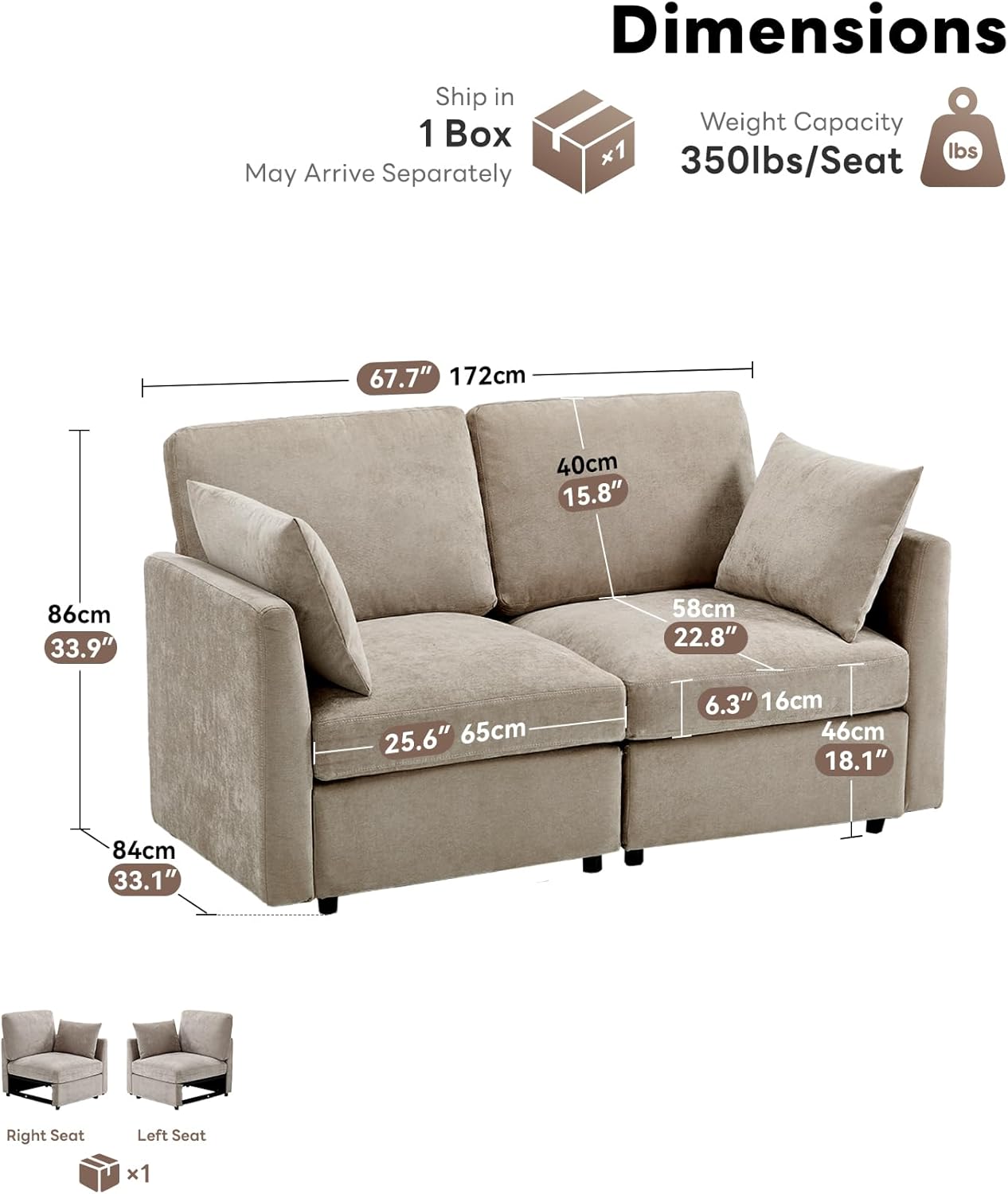 Tbfit 59" Loveseat Sofa, Chenille Small Sofa Couch, Love Seat with 2 Pillows for Small Space, Bedroom & Living Room, Khaki
