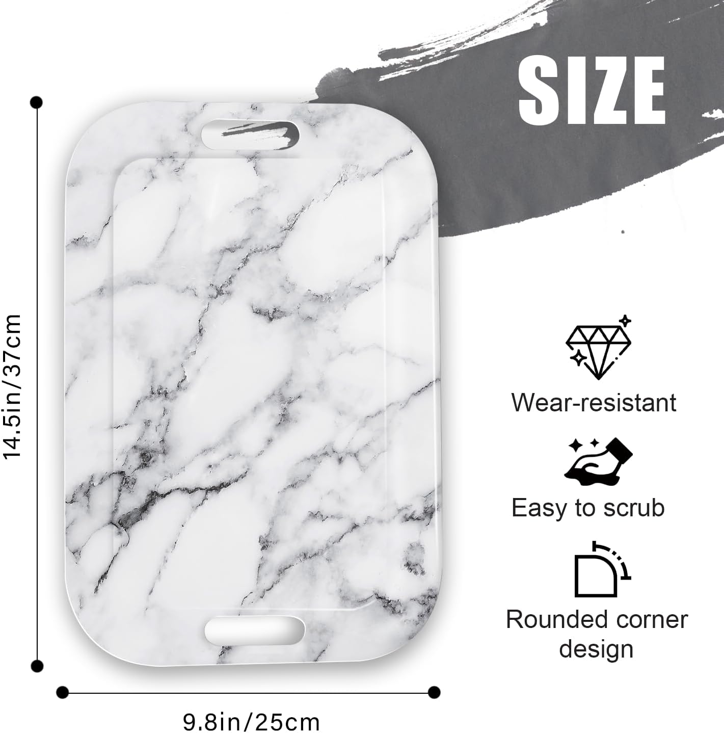 Serving Trays with Handles, 14.5 x 9.8 inch Rectangular Plastic Tray for Restaurant, Kitchen, Gray White Marble