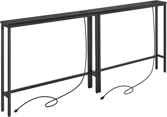 ELYKEN 2 Pack 5.9" Narrow Console Sofa Table with Power Outlets, 5.9" Dx39.4 Wx31.1 H Long Black Behind Couch Table with Metal Frame and Charge Station with 6.5’ Extension Cord