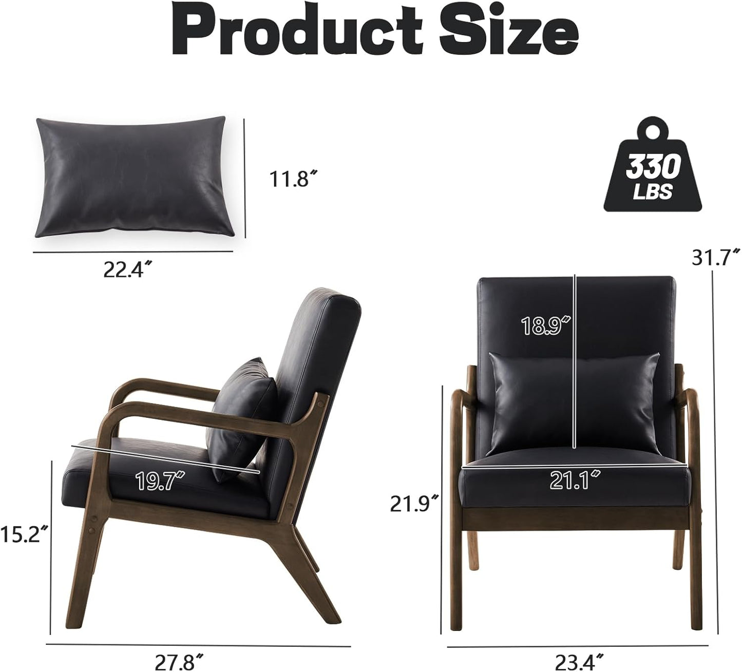 Accent Chair Mid Century Modern Armchair with Lumbar Support Pillow Wood Legs PU Leather Upholstered Lounge Chairs Comfy High Back Cushion for Living Room Bedroom