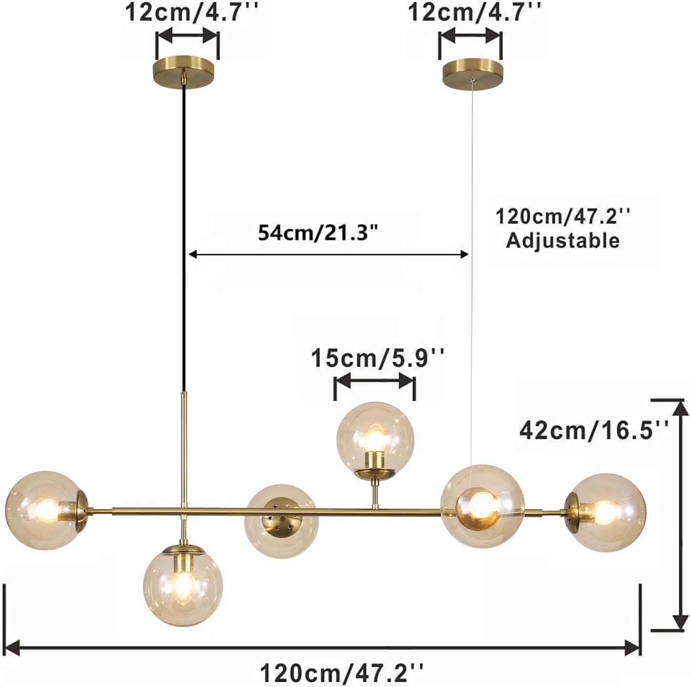 KCO Lighting Globe Linear Chandelier 6 Light Amber Glass Pendant Light Fixture Gold Kitchen Island Lighting Long Brass Sputnik Chandelier Dining Room Light Fixtures Over Table