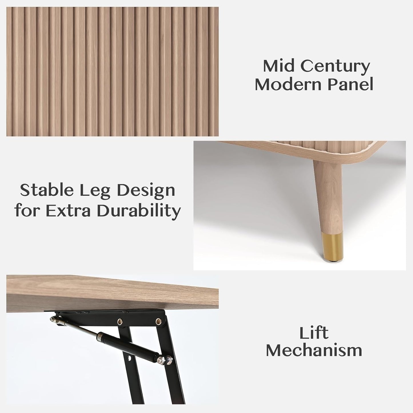 Lift Top Coffee Table with Storage Shelf & Hidden Compartment, Mid Century Modern Fluted Rectangle Dining Table for Living Room, Home Office, Natural Oak