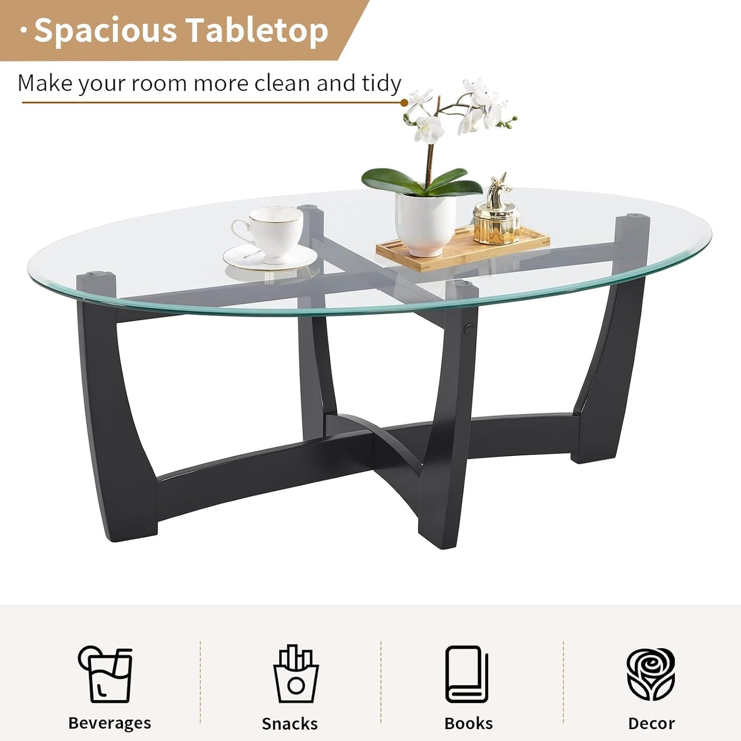 48" Oval Glass Coffee Table with Tempered Glass Top Cross and Solid Wood Base Simple & Modern Center Table for Living Room Office Apartment Black