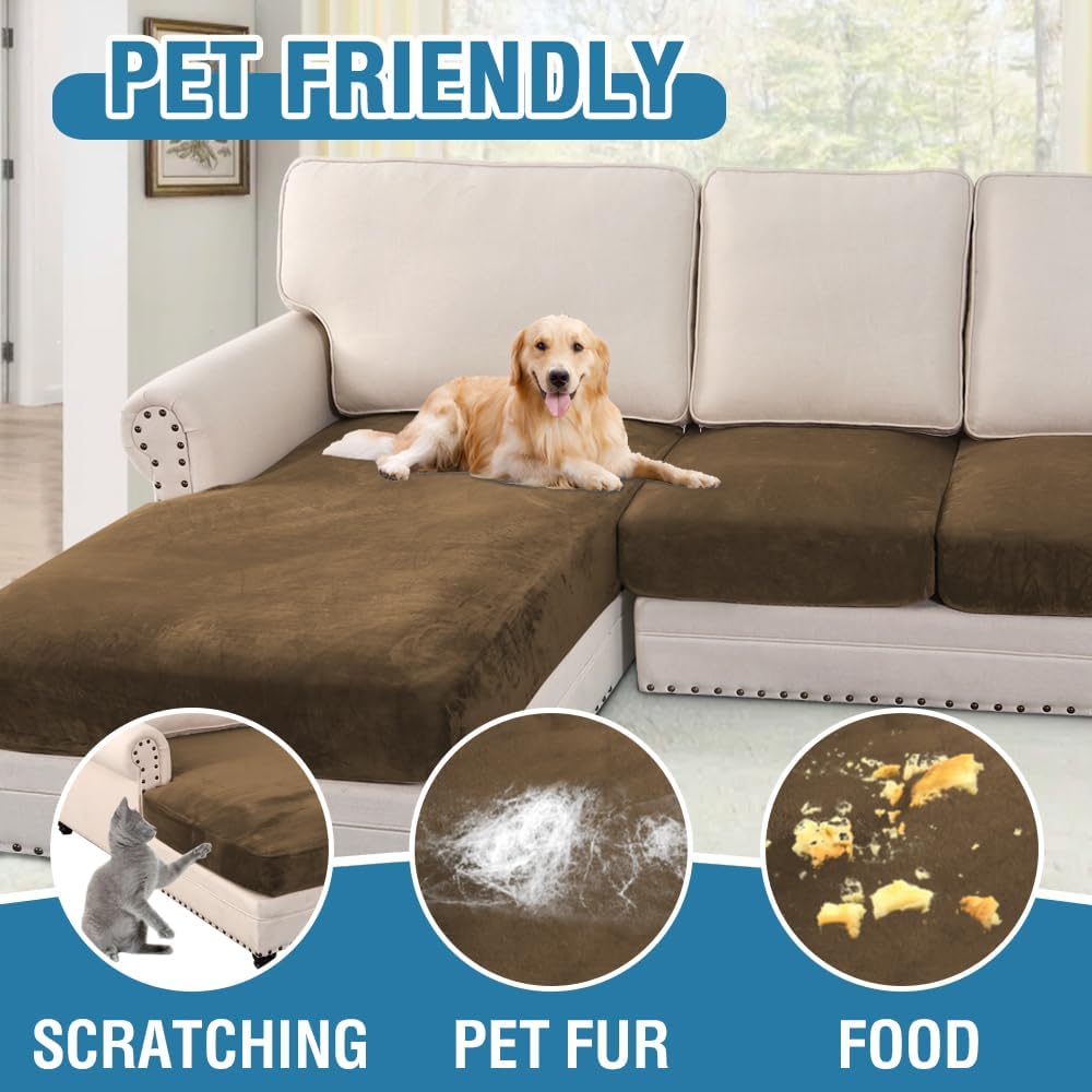H.VERSAILTEX Velvet Stretch Sectional Couch Covers 4 Pieces Sofa Seat Cushion Covers L Shape Separate Couch Cover for Both Left/Right Sectional Couch (Large Sofa 3 Seater + 1 Chaise, Bronze Brown)