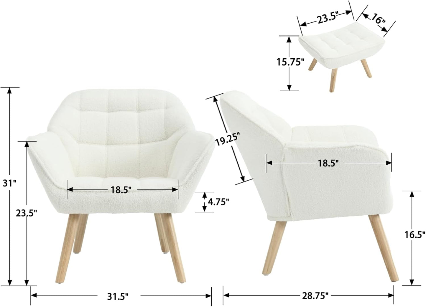 Modern Sherpa Accent Chair with Ottoman Set of 2, Fluffy Upholstered Lounge Chair with Footrest, Comfy Living Room Side Boucle Armchair for Small Space Bedroom, White