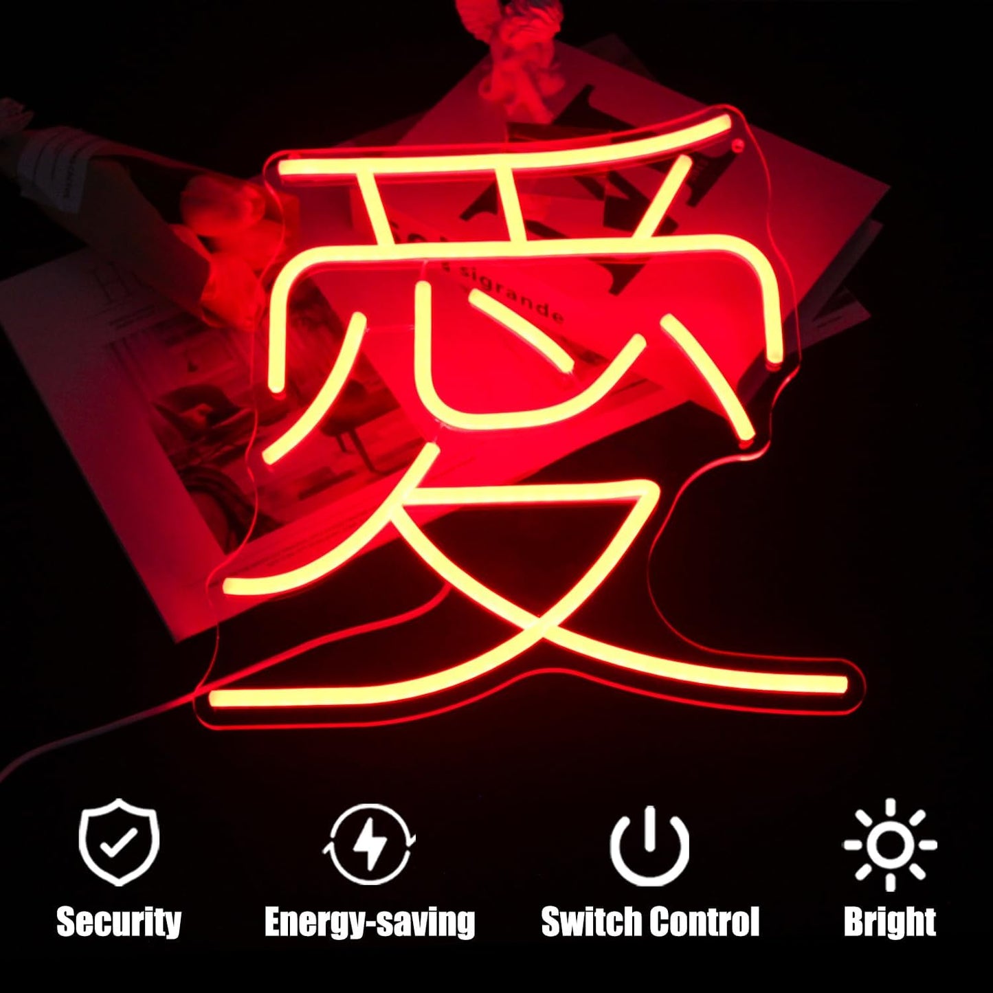 Japanese Love Neon Sign Red Love Kanji LED Neon Light Japan Symbol Neon Wall Sign Chinese Character LED Sign Words Neon Light Up Signs for Bedroom Bar Party Decor Valentine's Day Gifts